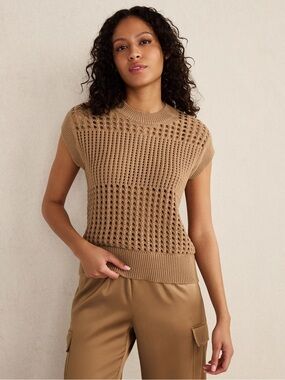 Talbots Haven ORGANIC COTTON OPEN STITCH SHORT SLEEVE SWEATER in woodsmoke